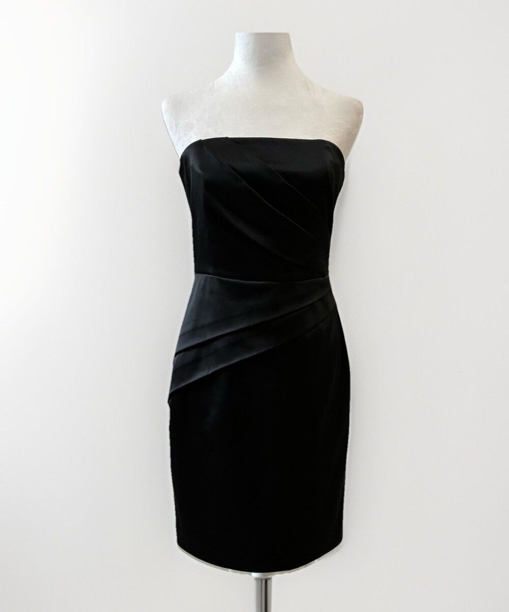 White House Black Market Black Satin Dress Strapless Pleated Ruched Sz 4 Claasic